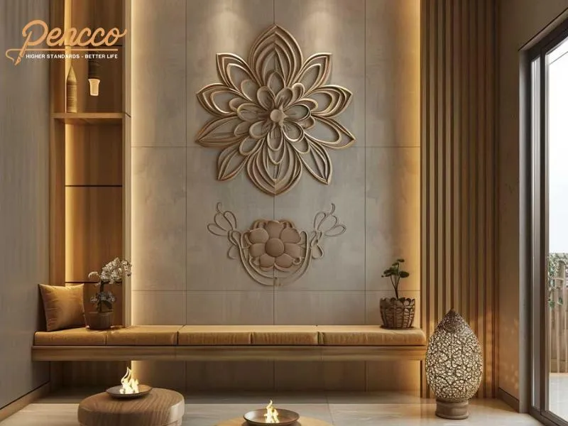 Phòng thờ màu xám nhạt kết hợp đèn vàng ấm áp