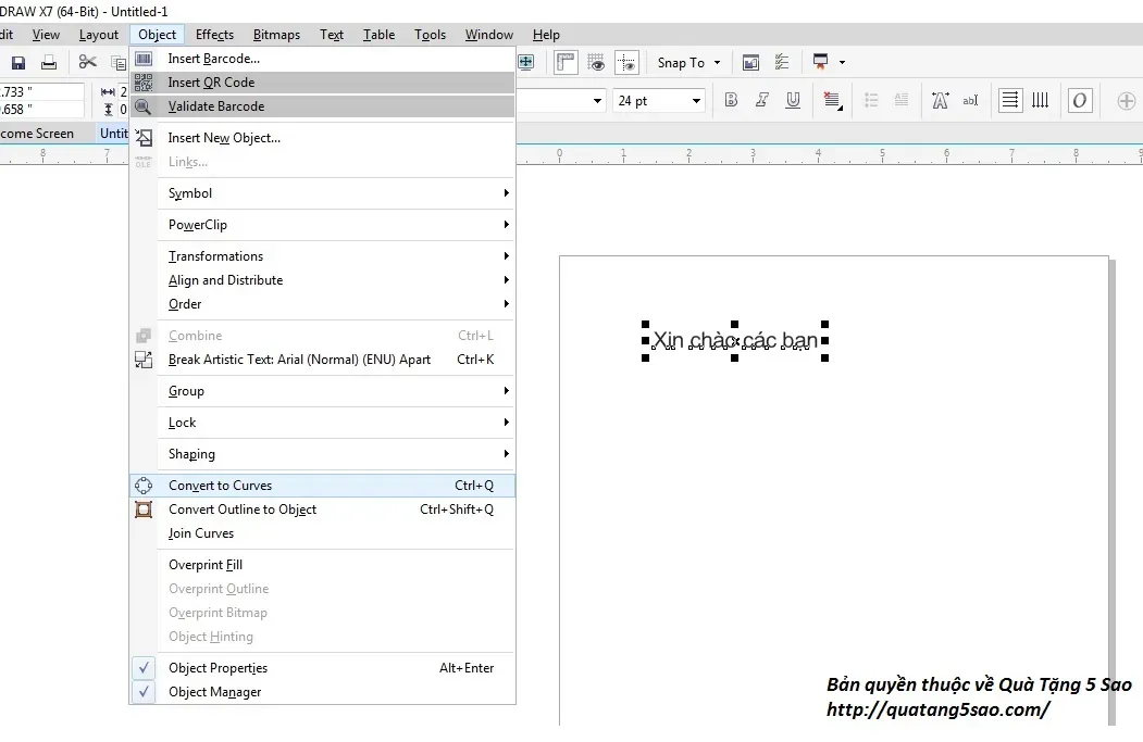 Các bước thực hiện lệnh Convert to Curves để định dạng lại văn bản trong phần mềm thiết kế Corel Draw
