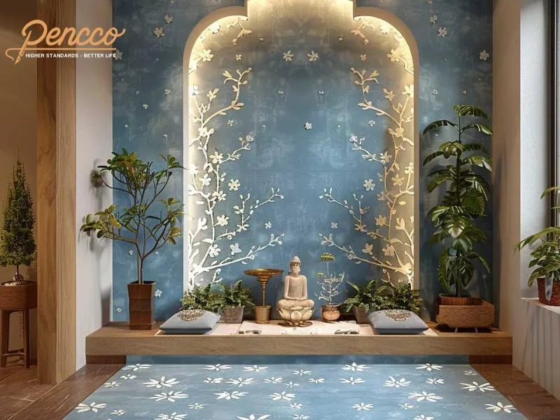 Phòng thờ màu xanh lam trang trí cây xanh