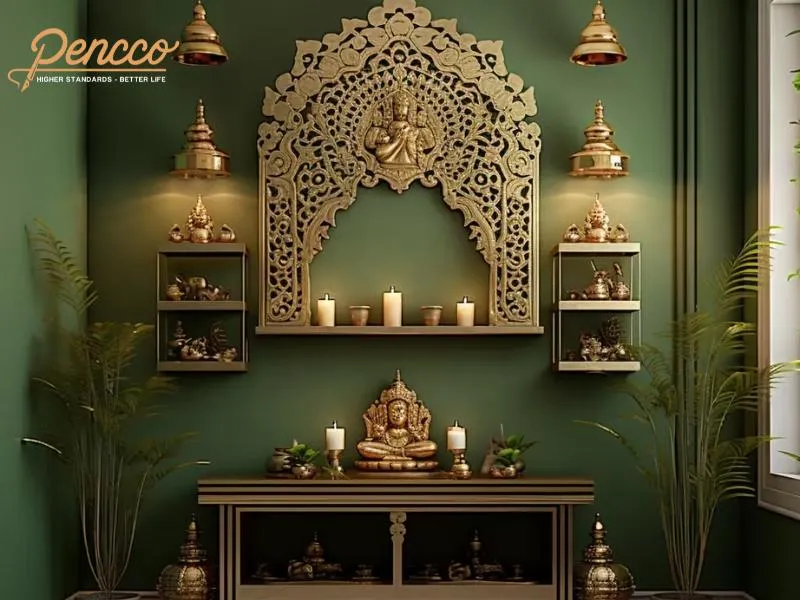 Phòng thờ màu xanh rêu với nội thất gỗ sang trọng