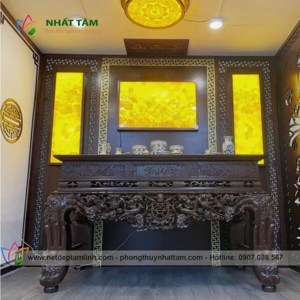 Sập thờ gỗ gụ điêu khắc hoa văn tinh xảo với kích thước chuẩn Lỗ Ban