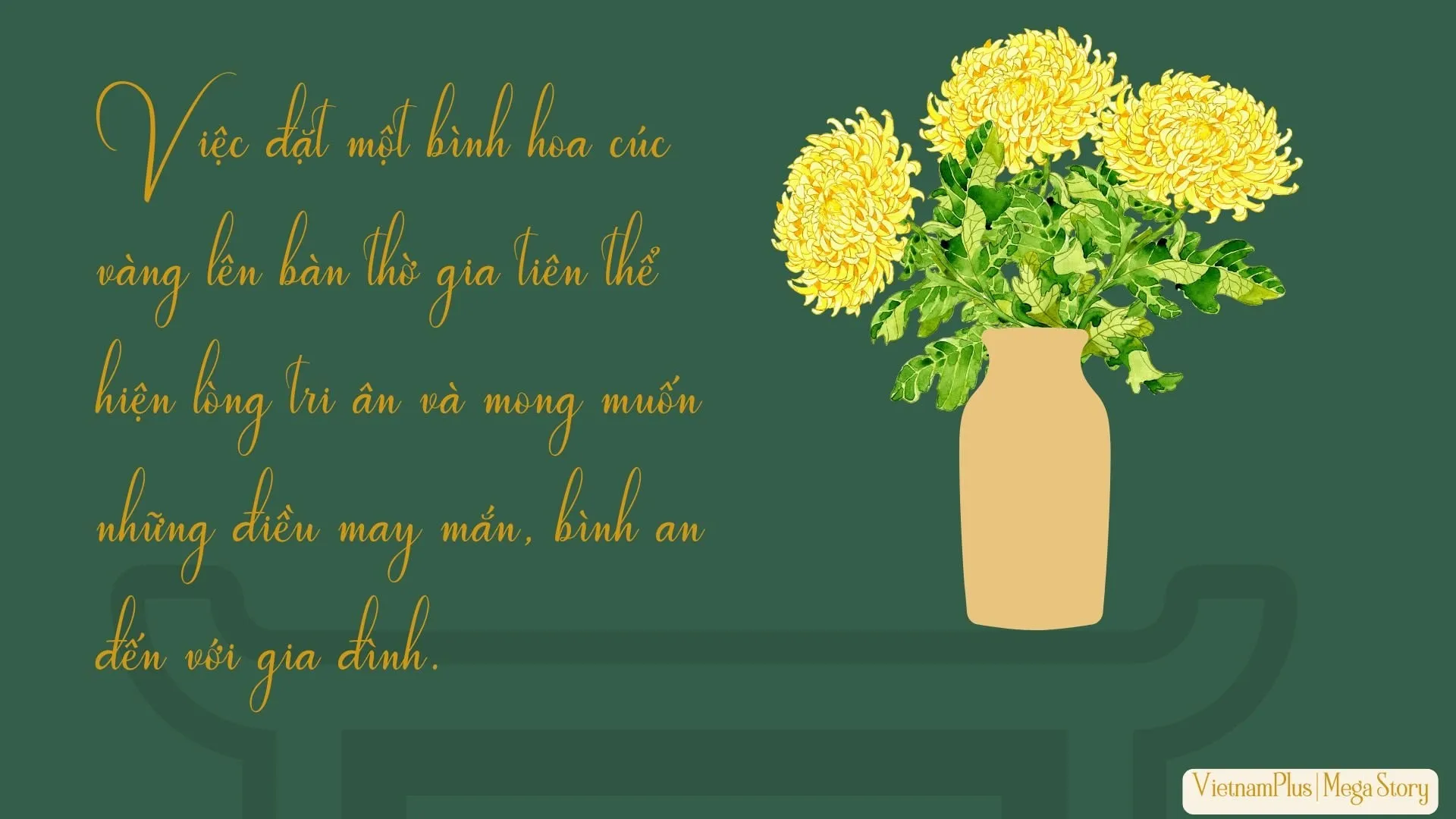 Màu sắc vàng rực của hoa cúc khi kết hợp cùng mâm ngũ quả tạo nên sự cân bằng cho ngũ hành trên bàn thờ.