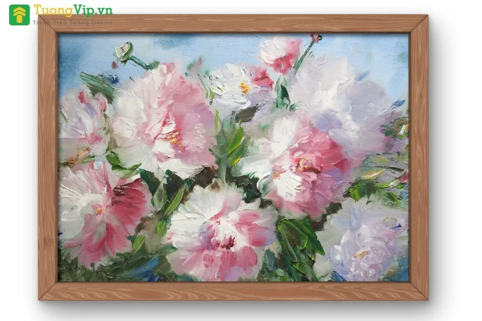 Bức tranh hoa mẫu đơn treo trong không gian phòng khách hiện đại giúp chiêu tài