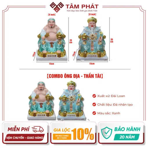 Bộ tượng Thần Tài Thổ Địa màu xanh ngọc bích sang trọng