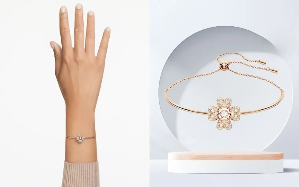Vòng tay Swarovski mạ vàng hồng với pha lê cỏ 4 lá