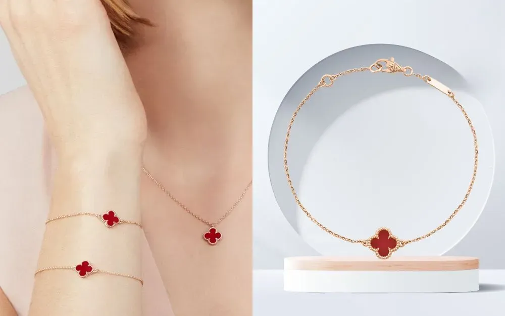 Vòng tay Van Cleef Sweet Alhambra với carnelian đỏ cam trên nền vàng hồng 18K
