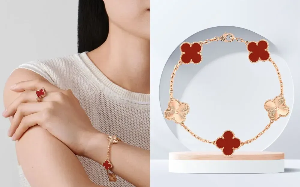 Vòng tay Van Cleef Vintage Alhambra với 5 motif cỏ 4 lá carnelian