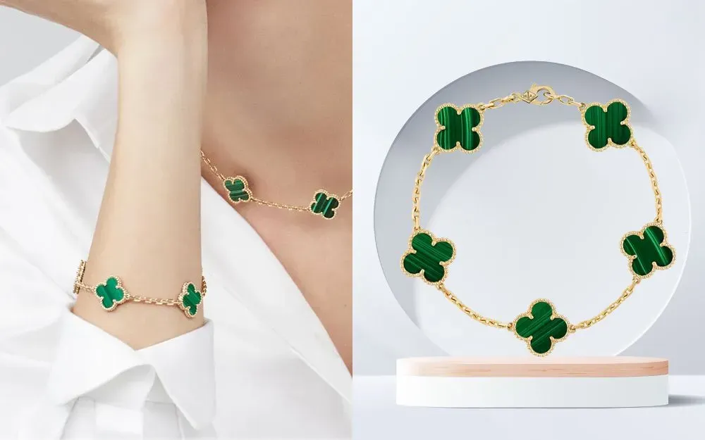 Vòng tay vàng vàng 18K với chrysoprase xanh lá tự nhiên